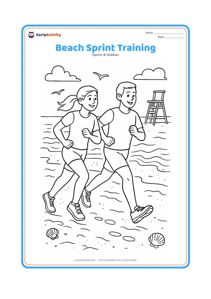 Colouring page: Two athletes sprint side by side on a beach at low tide, with footprints, a lifeguard chair, waves, shells and seabirds in the distance. Show one runner slightly ahead while both remain…