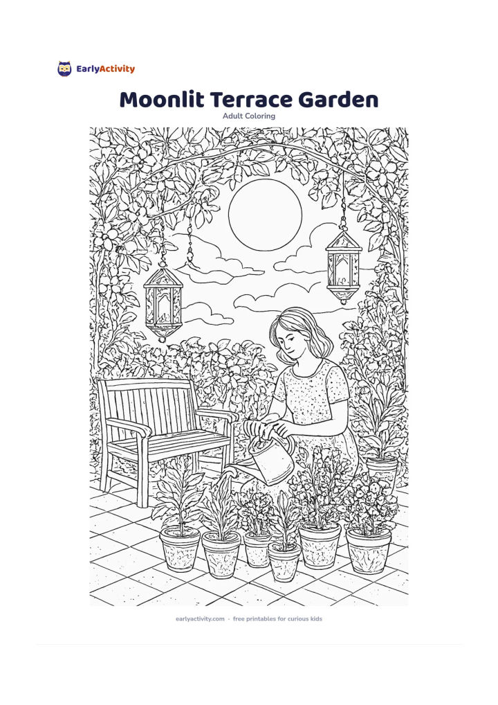 Colouring page: A quiet terrace garden at night contains a person watering plants, hanging lanterns, flowering vines, a bench and a large moon among soft clouds. Give the pots, leaves, bench, lantern…
