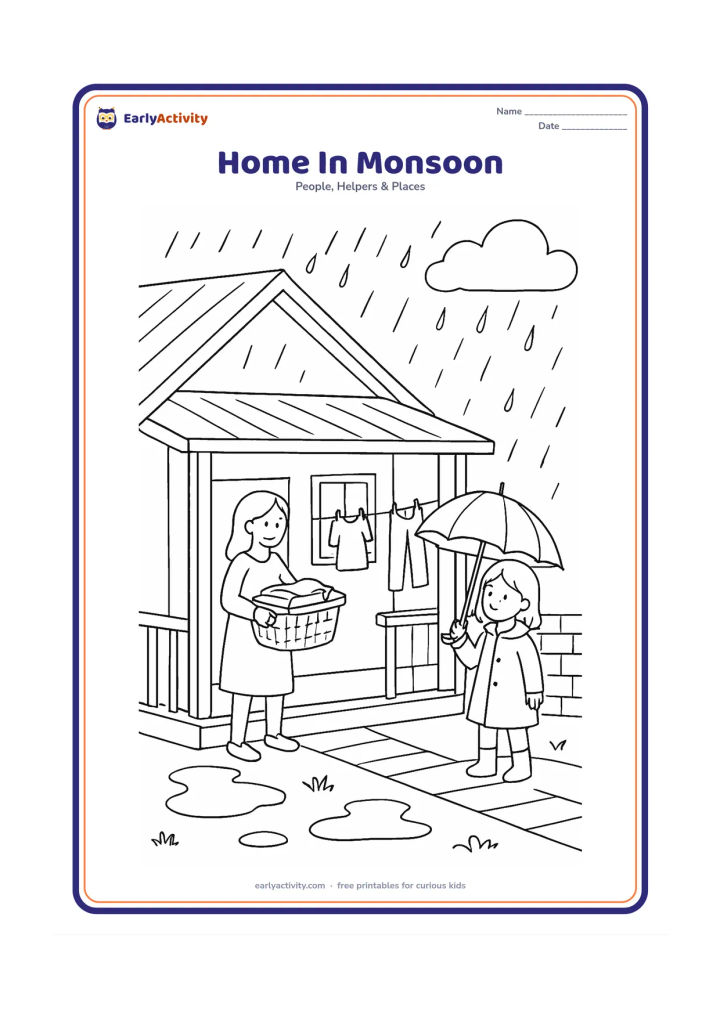 Colouring page: Draw a house with a broad rain-shedding roof, veranda, drain channel, puddles and a clothesline under cover. Show a person bringing laundry indoors while another person holds an umbrella…
