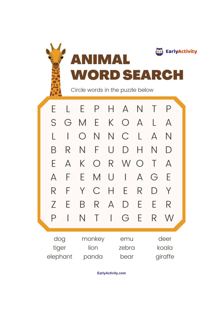 Word search worksheet with a giraffe illustration, a letter grid, and animal names including tiger, monkey, zebra, bear, deer, and koala.