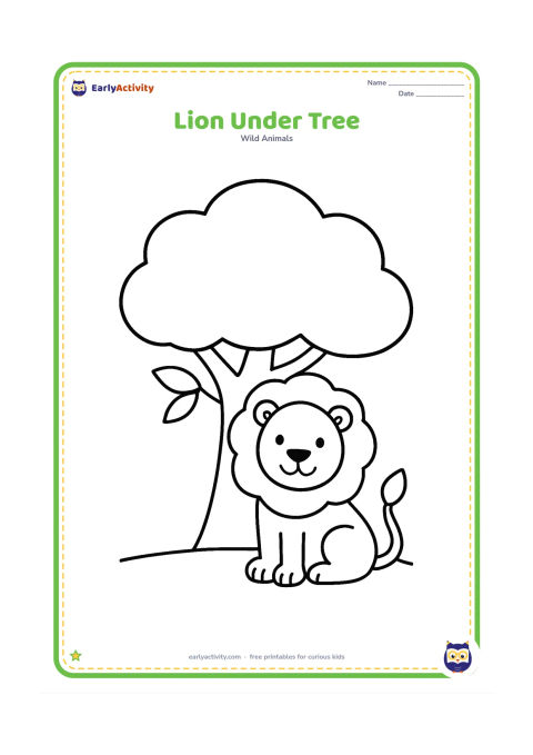 Colouring page: A relaxed lion sits in the shade of one large, simple tree with a rounded canopy and a thick trunk. Add a few wide leaves and a flat ground line.