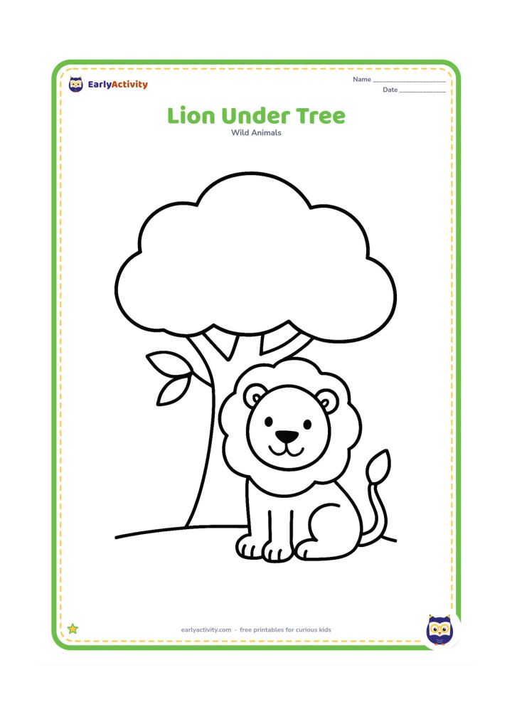 Colouring page: A relaxed lion sits in the shade of one large, simple tree with a rounded canopy and a thick trunk. Add a few wide leaves and a flat ground line.