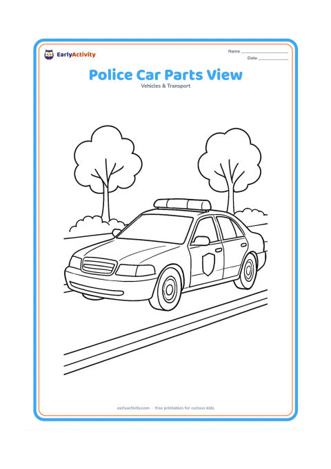 Colouring page: Draw a large three-quarter police car with clearly separated windows, doors, handles, mirrors, wheel hubs, headlights, grille, roof light and plain door badge. Place it in a simple…