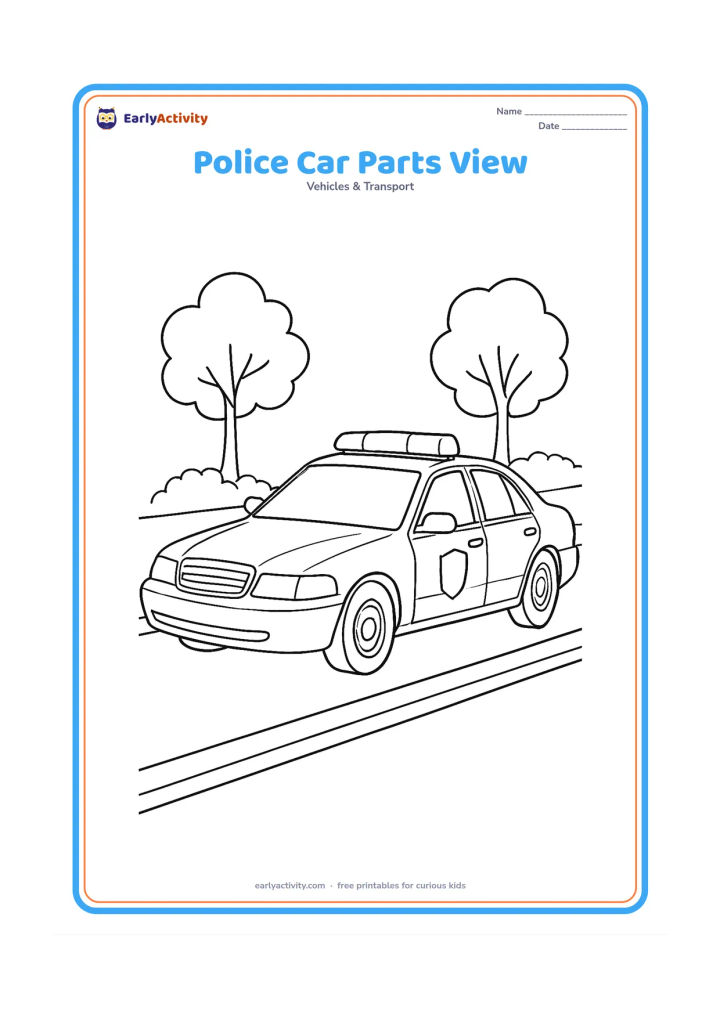 Colouring page: Draw a large three-quarter police car with clearly separated windows, doors, handles, mirrors, wheel hubs, headlights, grille, roof light and plain door badge. Place it in a simple…