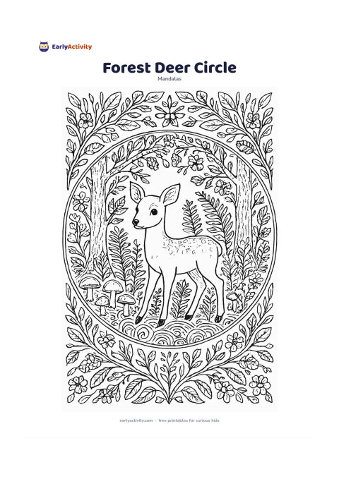 Colouring page: Create a circular mandala with a gentle deer standing among ferns and mushrooms at the centre. Surround it with repeated tree trunks, leafy branches, pinecones, woodland flowers and…