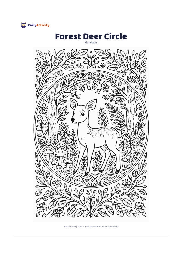 Colouring page: Create a circular mandala with a gentle deer standing among ferns and mushrooms at the centre. Surround it with repeated tree trunks, leafy branches, pinecones, woodland flowers and…