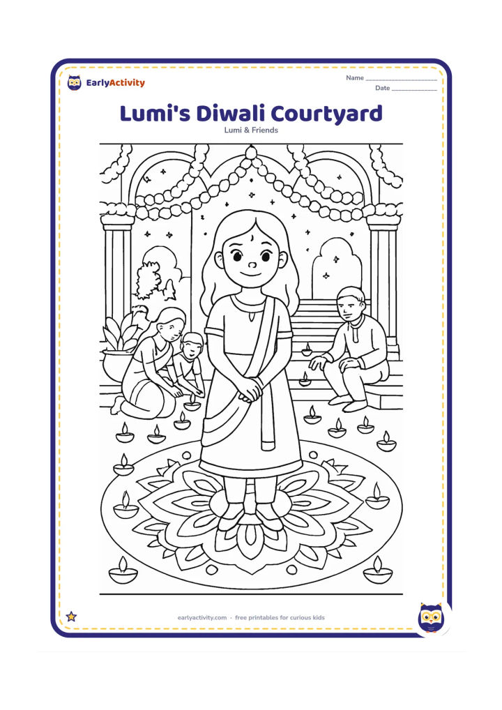 Colouring page: Lumi stands in a richly decorated Indian courtyard at dusk, surrounded by a large symmetrical rangoli, rows of diyas, marigold garlands and family members arranging lamps. Include steps,…