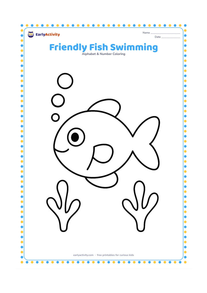 Colouring page: Draw one large friendly fish swimming through open water with three round bubbles and two simple sea plants. Keep the fish centered with broad, uncluttered shapes.