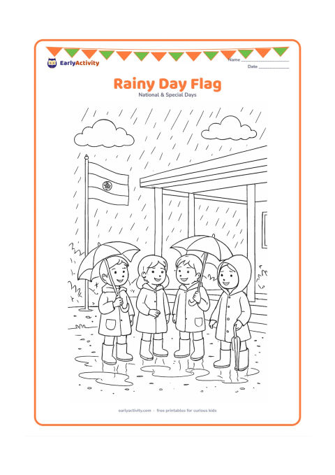 Colouring page: Children in raincoats gather under a covered school veranda while an Indian flag flies just outside in a gentle monsoon shower. Include umbrellas, puddle reflections, dripping plants and…