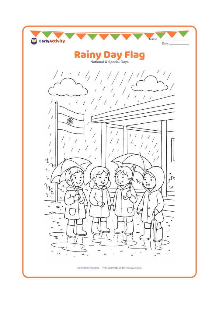 Colouring page: Children in raincoats gather under a covered school veranda while an Indian flag flies just outside in a gentle monsoon shower. Include umbrellas, puddle reflections, dripping plants and…