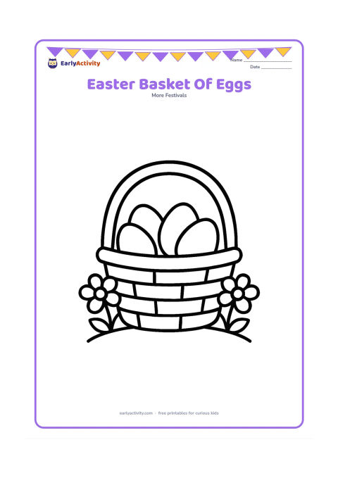 Colouring page: Show a large handled basket filled with four clearly separated Easter eggs, with one big flower on each side. Include a simple curved ground line beneath the basket.
