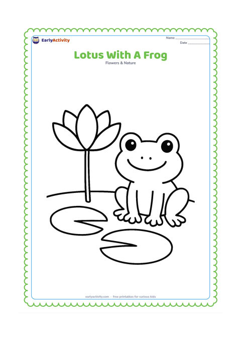 Colouring page: Draw a cheerful frog sitting beside one large lotus on a pond edge, with one broad leaf floating nearby. The frog should be friendly and simple, with no scary features.