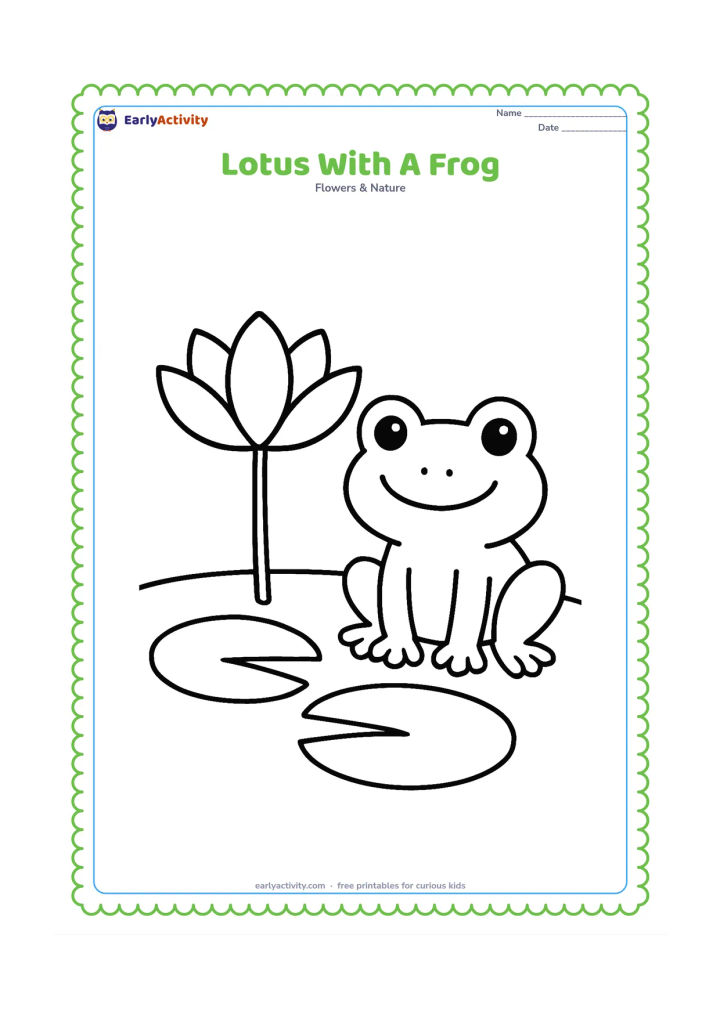 Colouring page: Draw a cheerful frog sitting beside one large lotus on a pond edge, with one broad leaf floating nearby. The frog should be friendly and simple, with no scary features.
