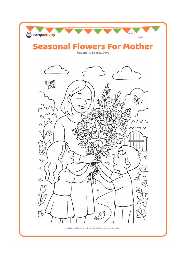 Colouring page: A mother receives a large mixed bouquet from children in a garden that combines seasonal details: spring blossoms, summer leaves, autumn foliage and a small winter branch. Include a…