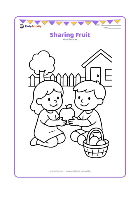 Colouring page: Draw two smiling children sitting together and passing a large apple or mango between them. Add a small basket with two more pieces of fruit and a simple home courtyard background.