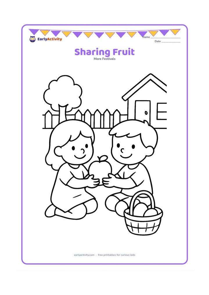 Colouring page: Draw two smiling children sitting together and passing a large apple or mango between them. Add a small basket with two more pieces of fruit and a simple home courtyard background.
