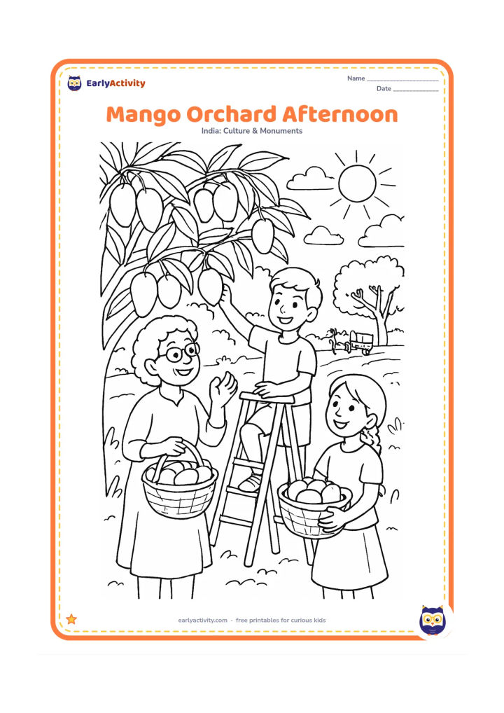 Colouring page: Draw children and a grandparent gathering mangoes in a sunny orchard, with baskets, a low ladder, leafy branches and a bullock cart on a distant path. Show several stages of ripe mangoes…