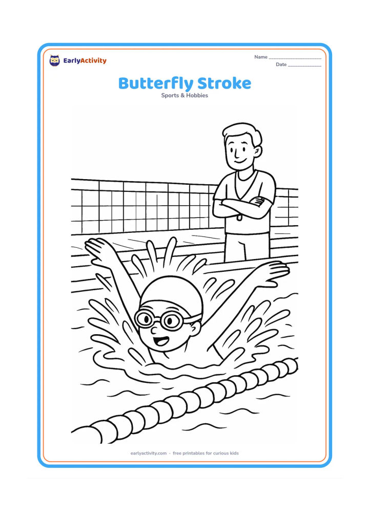 Colouring page: A young swimmer performs butterfly stroke with both arms lifting together above the water and a strong splash behind. Show a tiled pool wall, lane rope and an adult coach observing from…