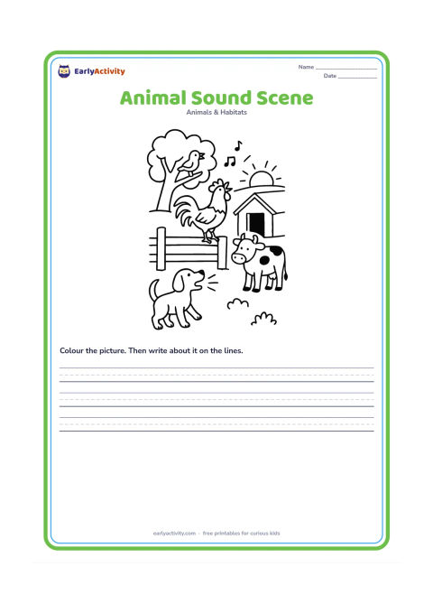 Worksheet: Draw a village morning scene with a rooster crowing, a dog barking, a cow standing near a shed and a bird singing in a tree. Use small curved sound marks near the animals but no speech…