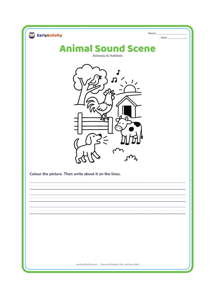 Worksheet: Draw a village morning scene with a rooster crowing, a dog barking, a cow standing near a shed and a bird singing in a tree. Use small curved sound marks near the animals but no speech…