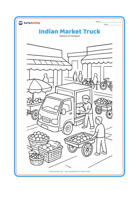 Colouring page: A small goods truck unloads sacks and crates at a busy Indian market lane with a fruit cart, awning, handcart, bicycles and low shopfronts. Keep the truck central and show people only as…