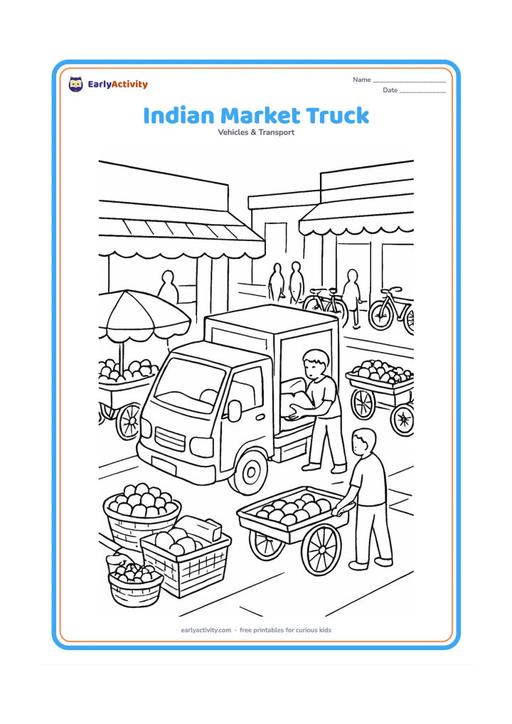 Colouring page: A small goods truck unloads sacks and crates at a busy Indian market lane with a fruit cart, awning, handcart, bicycles and low shopfronts. Keep the truck central and show people only as…