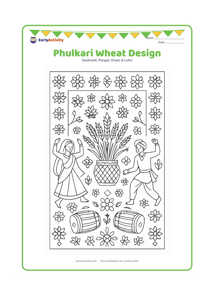 Colouring page: A large decorative panel combines wheat sheaves, dhols, flowers, dancing figures and geometric floral motifs inspired by phulkari embroidery. Arrange the elements in balanced sections…