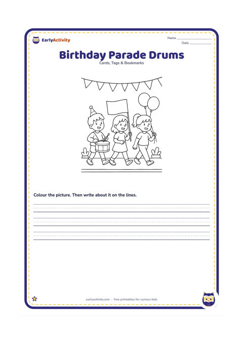 Worksheet: Draw three children walking in a cheerful birthday parade, carrying a drum, a flag with no markings, and a bunch of balloons. Add a simple street, potted plants, and bunting overhead.
