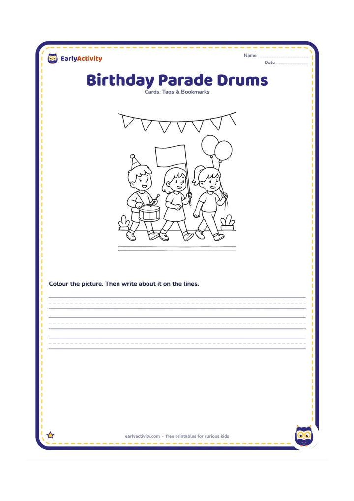 Worksheet: Draw three children walking in a cheerful birthday parade, carrying a drum, a flag with no markings, and a bunch of balloons. Add a simple street, potted plants, and bunting overhead.