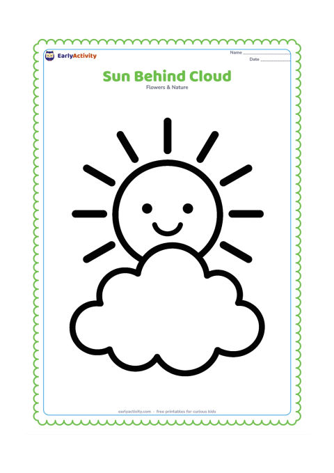 Colouring page: Draw a large sun peeking from behind one rounded cloud, with half of its face visible and broad rays spreading around the cloud. Keep the background empty.