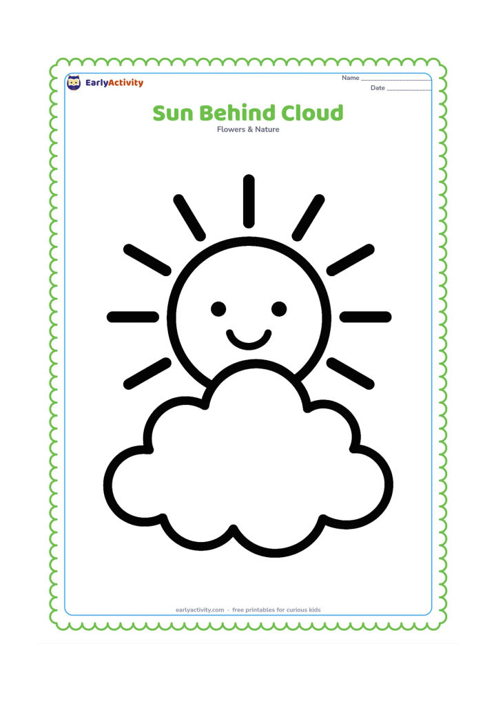Colouring page: Draw a large sun peeking from behind one rounded cloud, with half of its face visible and broad rays spreading around the cloud. Keep the background empty.