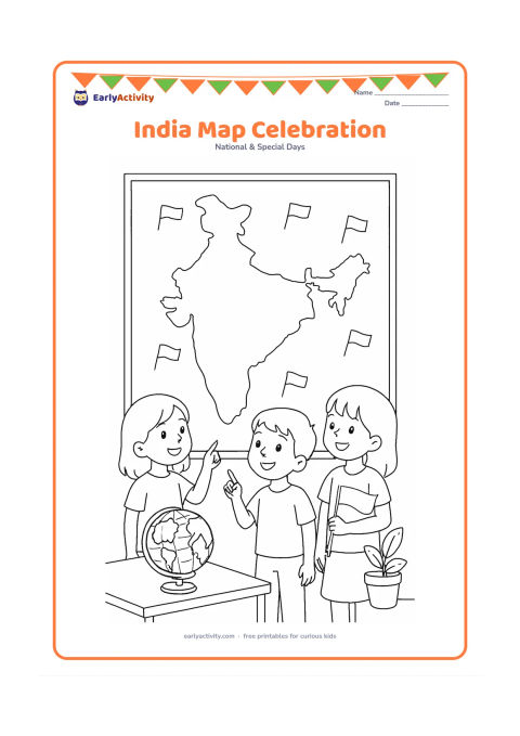 Colouring page: Draw a large accurate outline map of India on a display board, decorated with small blank flag motifs and surrounded by three children pointing, discussing and holding a flag. Add a…