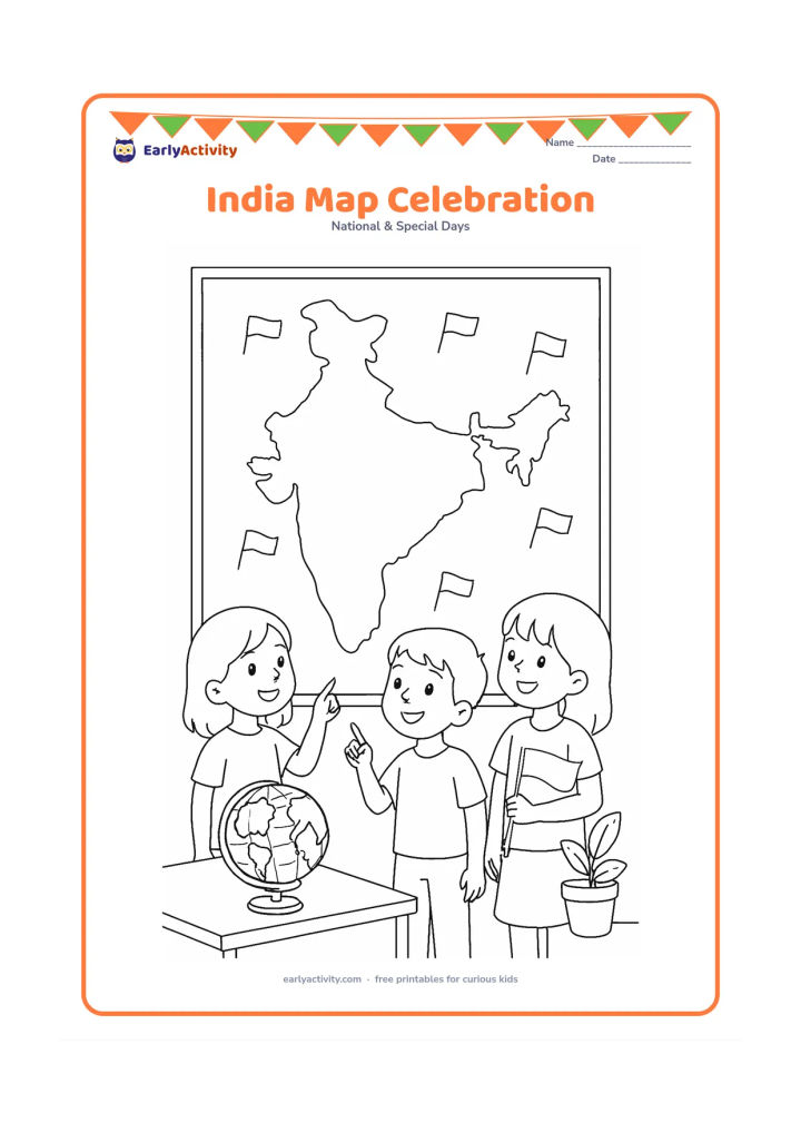 Colouring page: Draw a large accurate outline map of India on a display board, decorated with small blank flag motifs and surrounded by three children pointing, discussing and holding a flag. Add a…