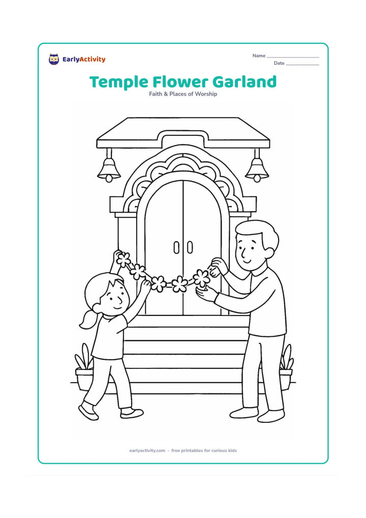 Colouring page: A child and an adult carefully hanging a flower garland across a temple doorway. Include a carved-looking but unfilled entrance border, two bells, broad steps and potted plants.