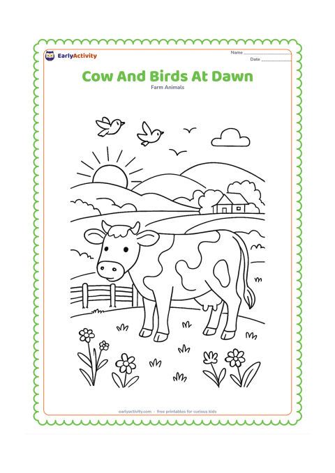 Colouring page: A cow stands on a grassy hill at dawn while small birds fly above it. Include a rising sun, layered hills, a distant farmhouse, wildflowers, and a fence winding through the field.