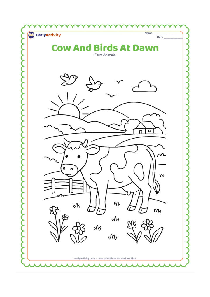Colouring page: A cow stands on a grassy hill at dawn while small birds fly above it. Include a rising sun, layered hills, a distant farmhouse, wildflowers, and a fence winding through the field.