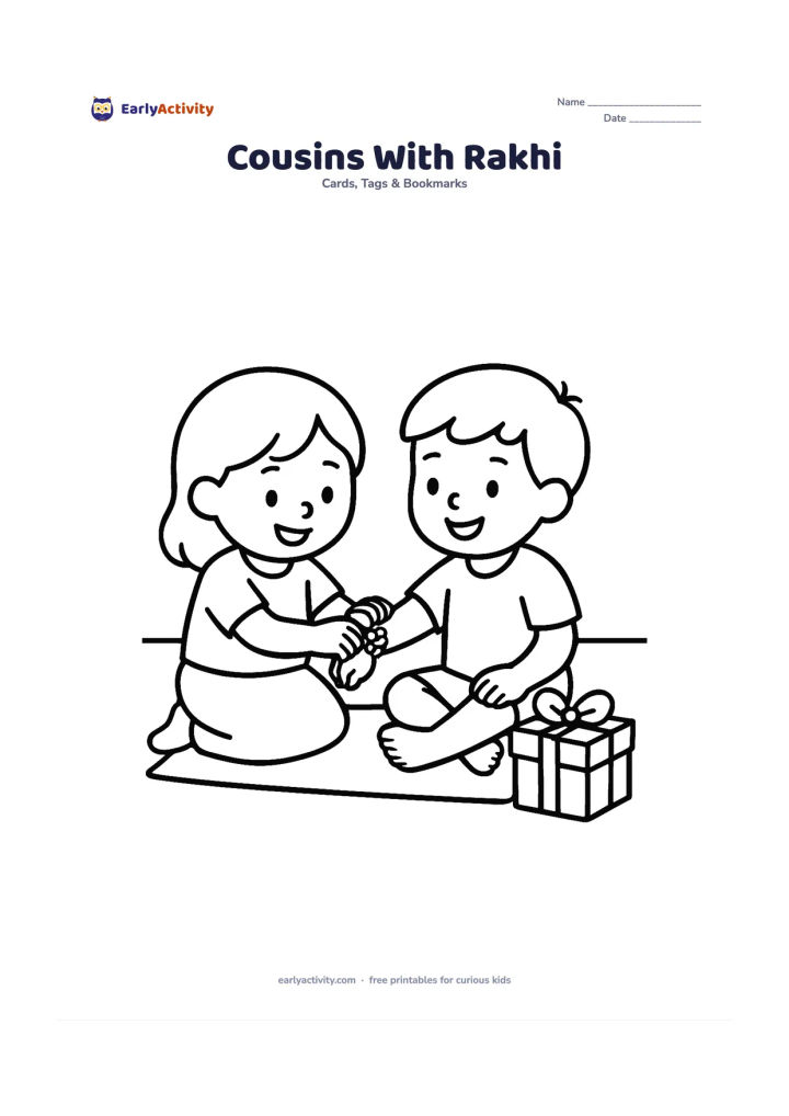 Worksheet: Show two young cousins sitting together on a floor mat, smiling as one ties a large rakhi on the other's wrist, with a simple gift box nearby. Leave the upper corner mostly open for a…