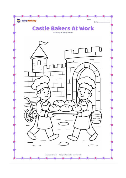 Colouring page: Draw two friendly castle bakers carrying a tray of round loaves through a castle courtyard toward a kitchen doorway. Include a stone wall, a tower, a wooden cart, and a few large baskets.