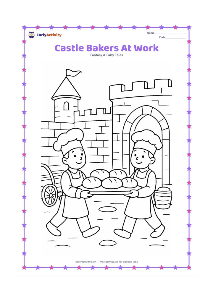 Colouring page: Draw two friendly castle bakers carrying a tray of round loaves through a castle courtyard toward a kitchen doorway. Include a stone wall, a tower, a wooden cart, and a few large baskets.