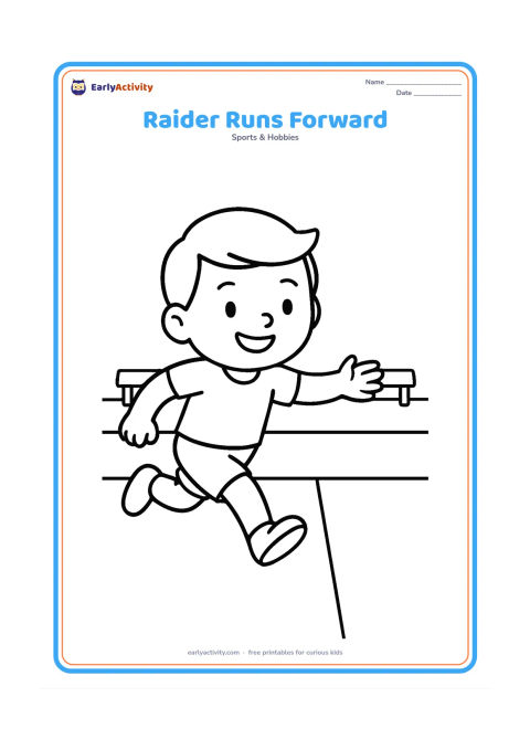 Colouring page: A smiling young kabaddi raider runs toward the center line with one arm reaching forward and one leg lifted. Show a very open court with only a center line and two small team benches in…