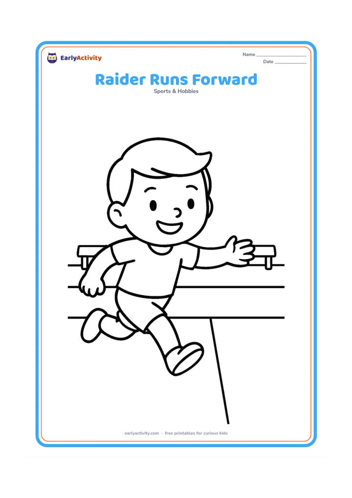 Colouring page: A smiling young kabaddi raider runs toward the center line with one arm reaching forward and one leg lifted. Show a very open court with only a center line and two small team benches in…