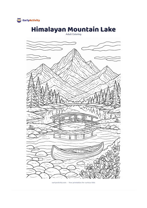 Colouring page: Draw a peaceful mountain lake with layered Himalayan peaks, pine trees, a small wooden footbridge, smooth foreground stones and a canoe near the shore. Add cloud bands, reflected…