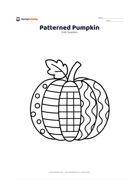Worksheet: A medium-sized pumpkin is divided into curved sections, each containing a different large repeating pattern such as dots, stripes, checks, or waves. Add a leaf and stem above the pumpkin.
