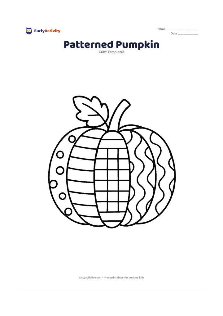 Worksheet: A medium-sized pumpkin is divided into curved sections, each containing a different large repeating pattern such as dots, stripes, checks, or waves. Add a leaf and stem above the pumpkin.