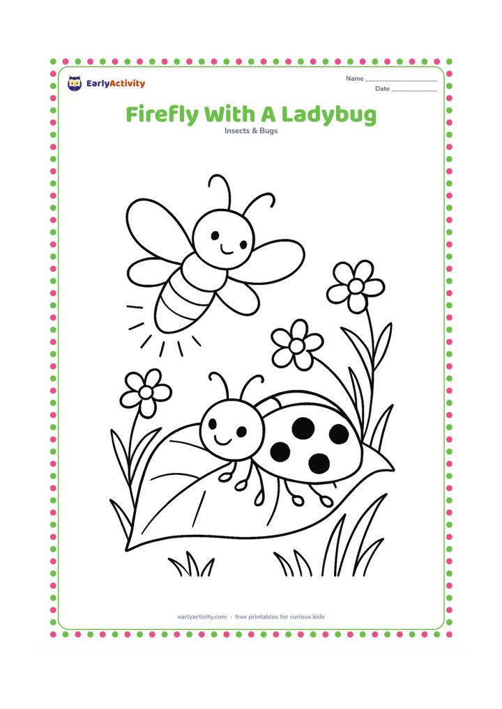 Colouring page: Draw a glowing firefly and a friendly ladybug sharing a broad leaf, with small flowers, curved stems, and a few grass blades around them. Show the firefly in flight and the ladybug walking.