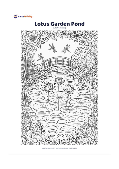 Colouring page: A peaceful garden pond filled with lotus leaves and flowers, surrounded by stepping stones, tall grasses, flowering shrubs and an arched wooden bridge in the distance. Include a few…