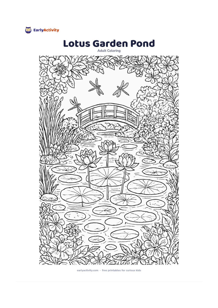 Colouring page: A peaceful garden pond filled with lotus leaves and flowers, surrounded by stepping stones, tall grasses, flowering shrubs and an arched wooden bridge in the distance. Include a few…