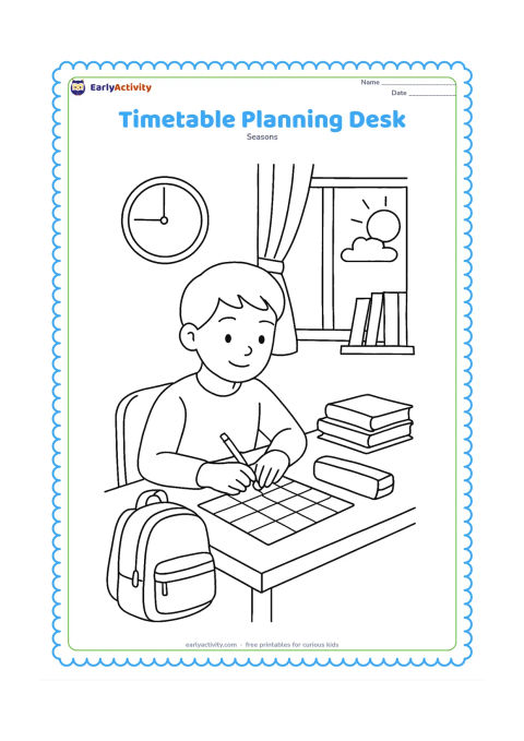 Colouring page: An older child prepares for school at a desk with a blank timetable grid, a school bag, stacked notebooks, a pencil case and a clock with no numerals. A window shows early morning light…