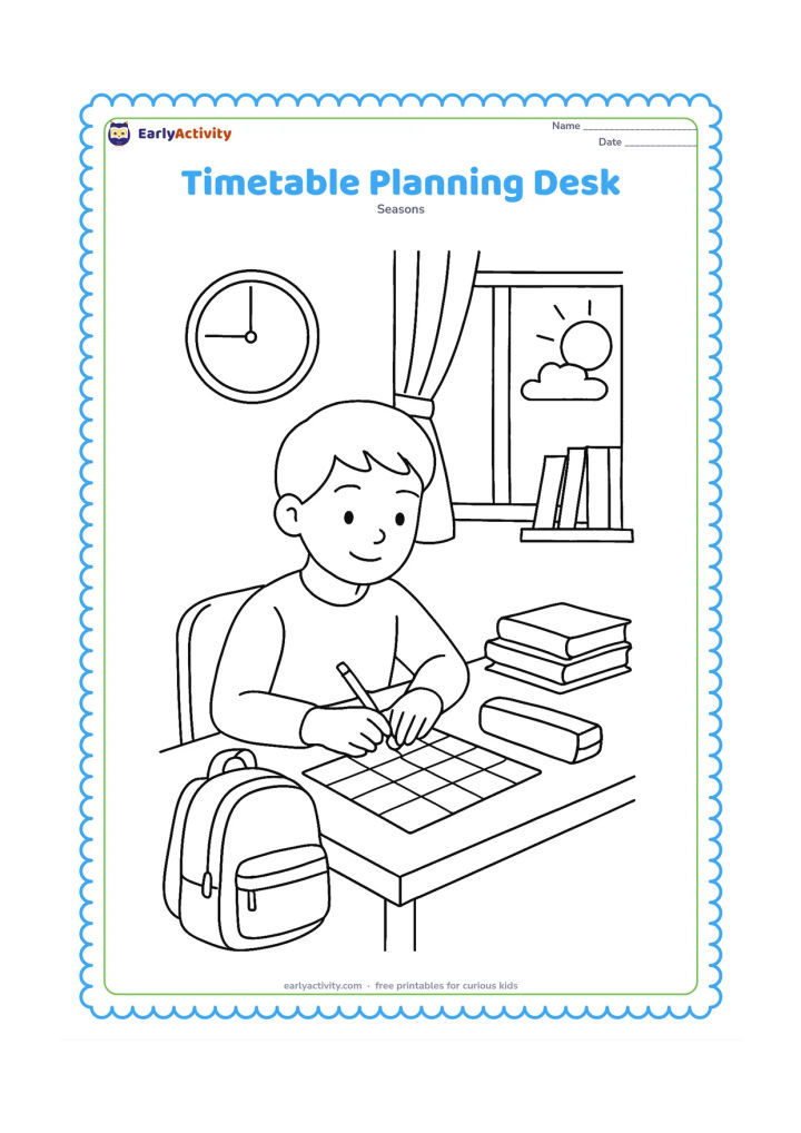 Colouring page: An older child prepares for school at a desk with a blank timetable grid, a school bag, stacked notebooks, a pencil case and a clock with no numerals. A window shows early morning light…