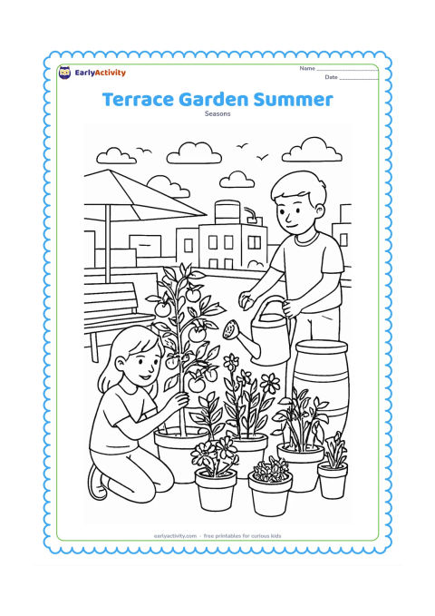 Colouring page: A child tends a rooftop garden with potted tomatoes, chillies, herbs and flowers while another child fills a watering can from a rain barrel. Add a shaded seating corner, neighbouring…